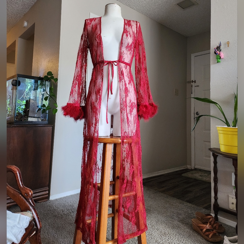 Dark Red Feathered Cuff Robe